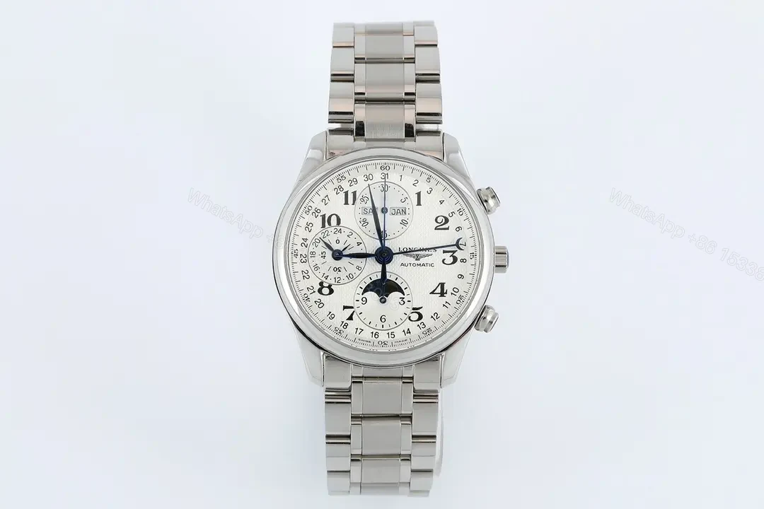 Longines Master Collection Moonphase Eight Hand V4 Watch Silver Stainless Steel White Dial Blue Sub dials — view 1