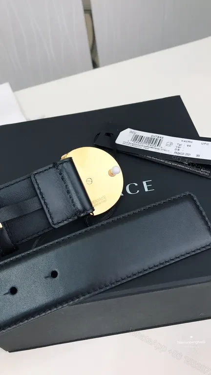 View 4 of Bold Black Leather Belt with Gold Medusa Buckle - Versace-Inspired Luxury