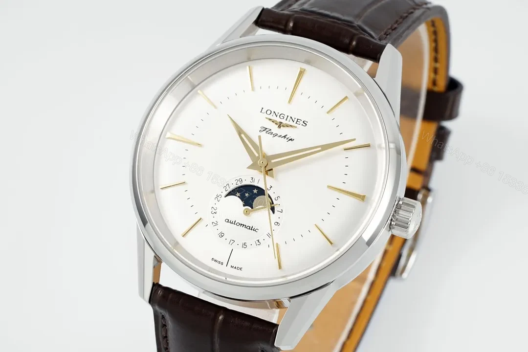 View 3 of Longines Classic Flagship Moonphase Watch Silver Dial Brown Leather Strap Vintage Style