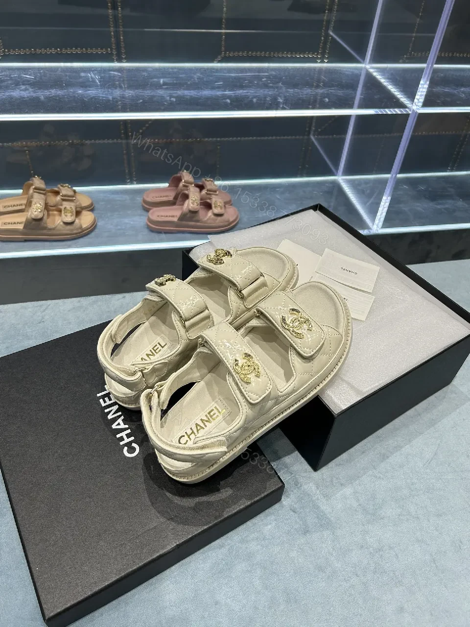 View 5 of Neutral Leather Quilted Sandals with Velcro Straps, Comfortable Luxury