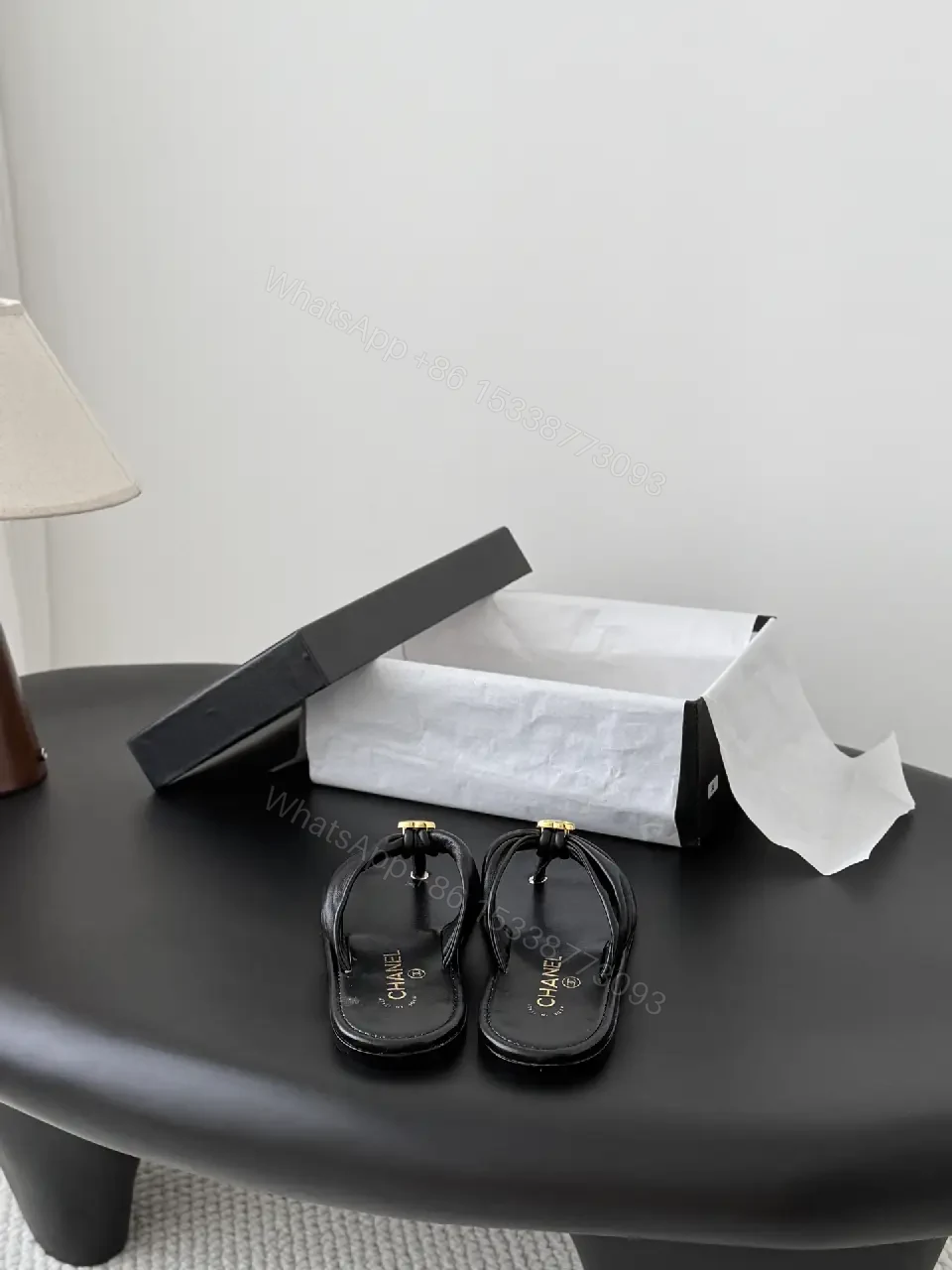 View 5 of Black Leather Sandals Satin Classic Gold Logo Slippers