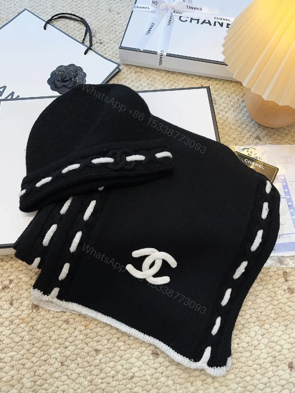 View 2 of Black Knit Scarf with White Stitching — Luxury Cozy Accessory