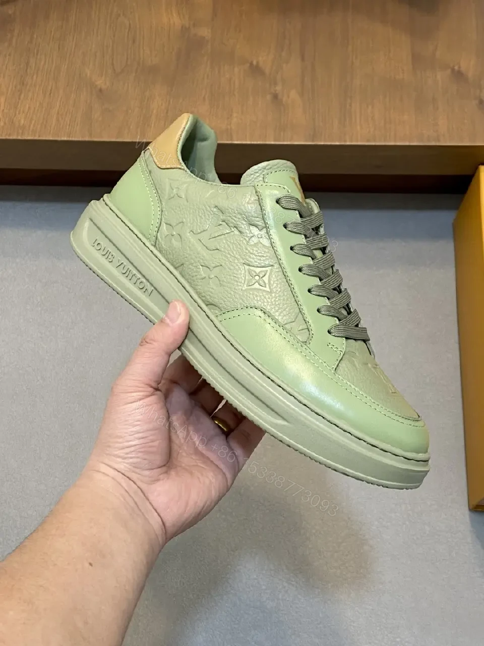 View 6 of Green Leather Sneaker: Subtle Monogram, All-Day Comfort, Modern Style