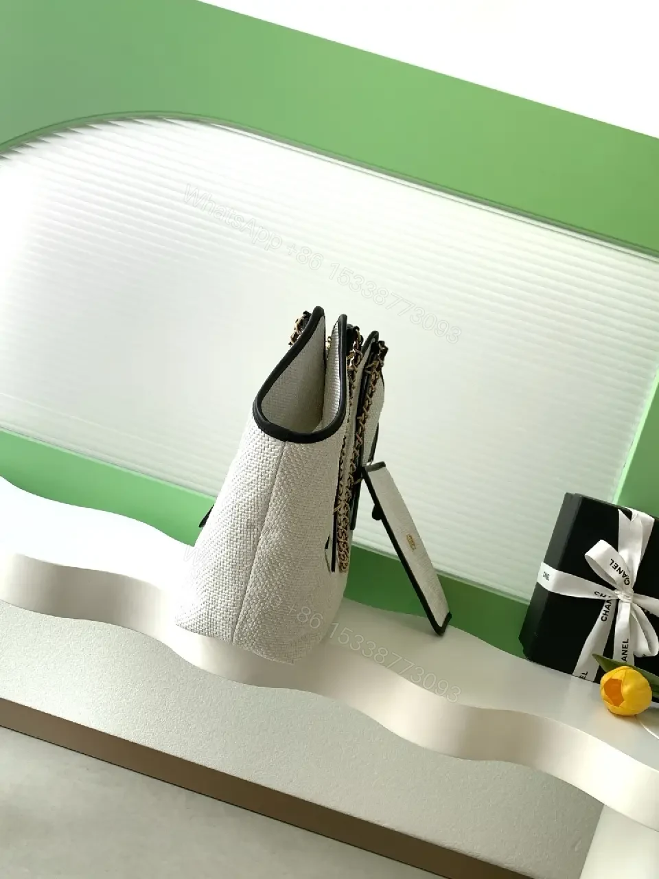 View 6 of Textured White Tote: Luxe, Structured, Dual-Chain Carry
