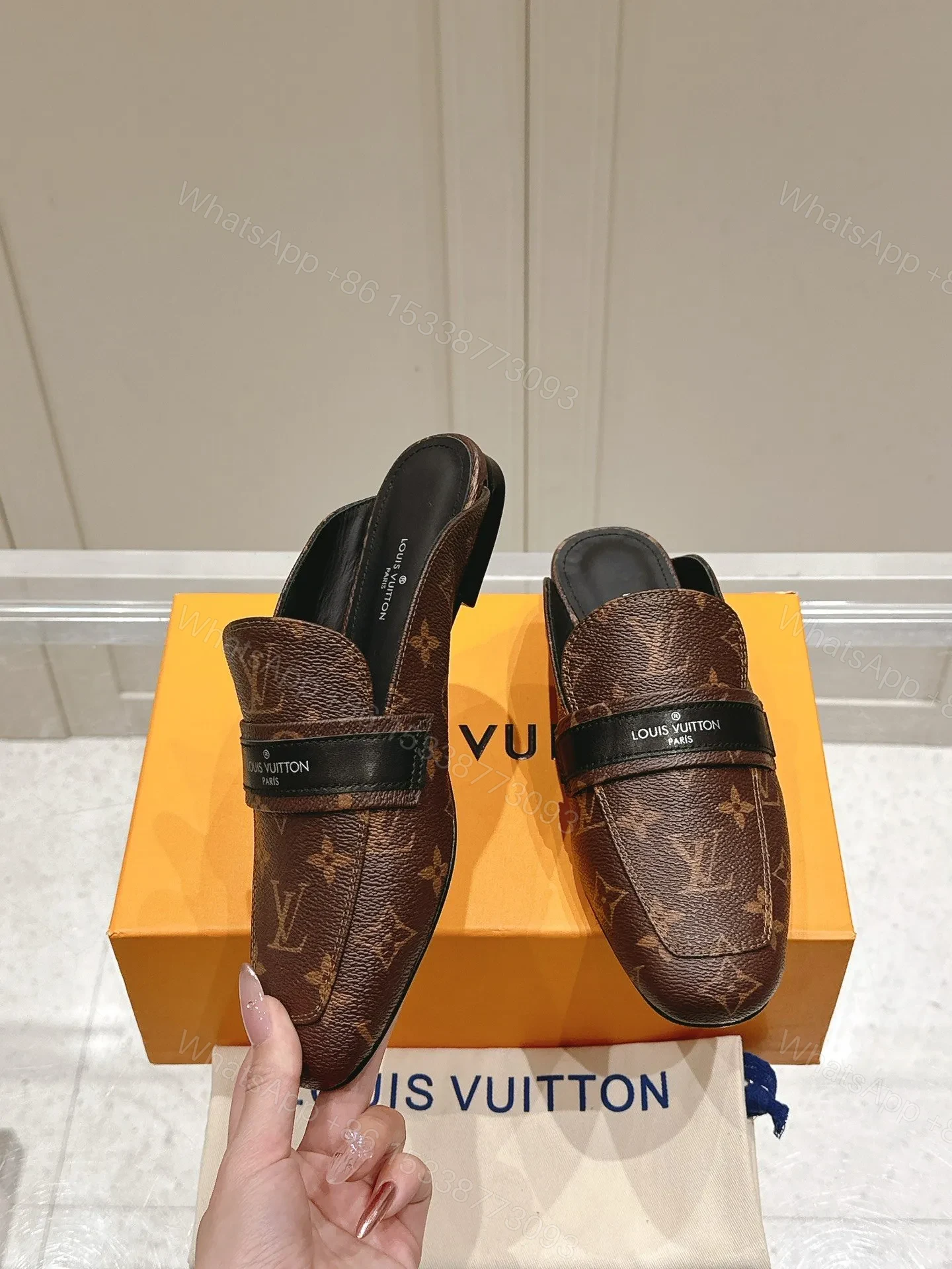 View 4 of LV Women Brown Leather Monogram Mules