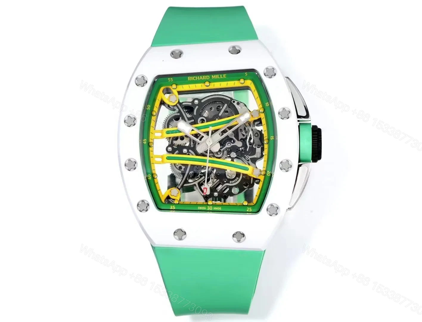 Richard Mille RM61-01 Watch TZP-N Zirconia Ceramic NTPT Carbon Fiber Skeleton Dial RMUL2 Manual Winding Movement Yellow Green Suspended Bridge Luxury Sports Watch RM61-01-TZP-YGB-SK — view 1