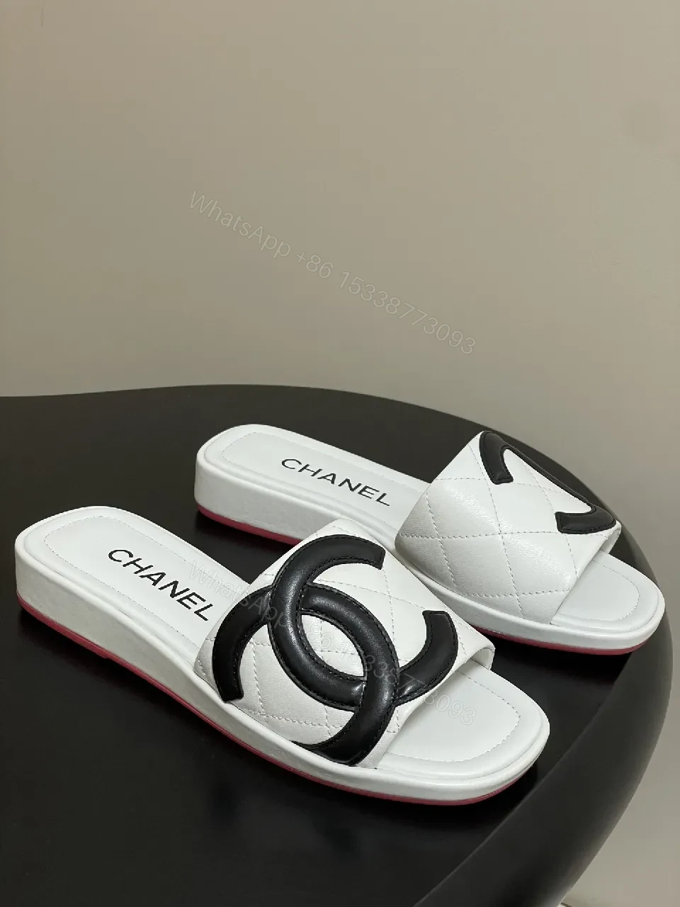 White Quilted Leather Slide with Interlocking Logo, Premium Comfort — view 1