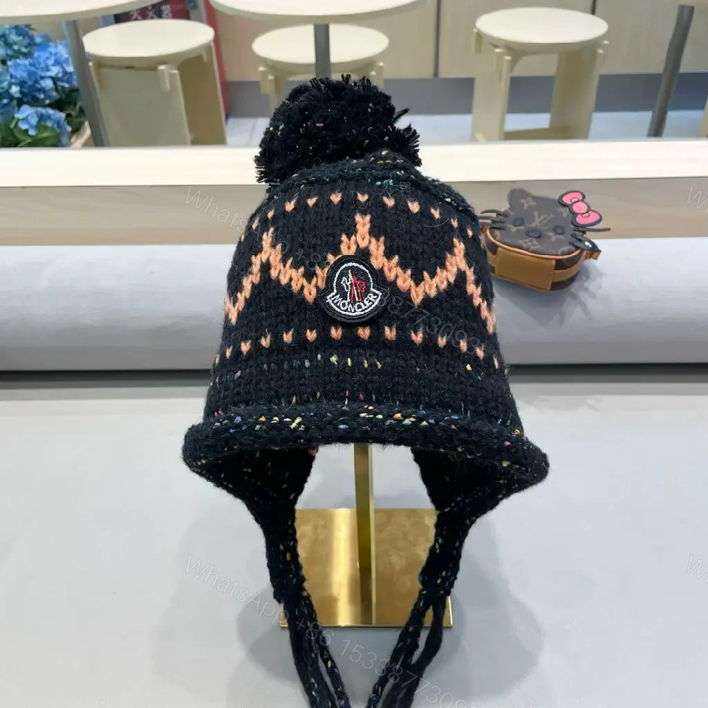 View 8 of Black Wool Earflap Beanie, Chevron Knit, Pom Pom, Signature Detail, Beanie