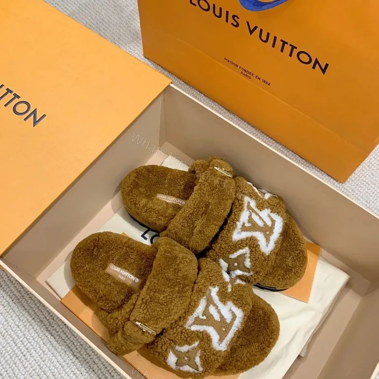 View 7 of Plush LV Monogram Fur Slides â€“ All-Day Luxury Comfort