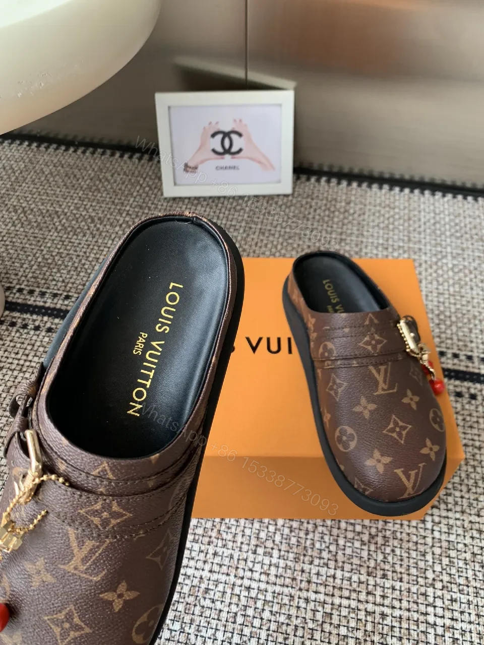 View 2 of Brown Monogram-Canvas Loafers with Gold Hardware, Slip-On Comfort