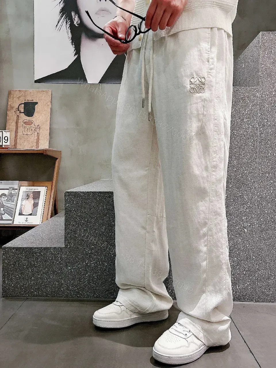 View 7 of Off-White Cream Linen-Look Wide-Leg Drawstring Pants