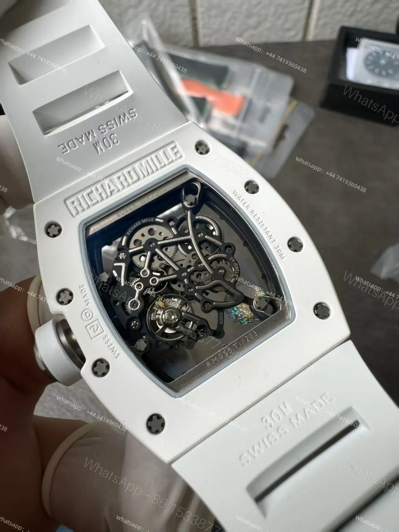 View 12 of Super Clone Richard Mille RM 055 White Ceramic Titanium Skeleton White Rubber Strap 1:1 Replica Watch