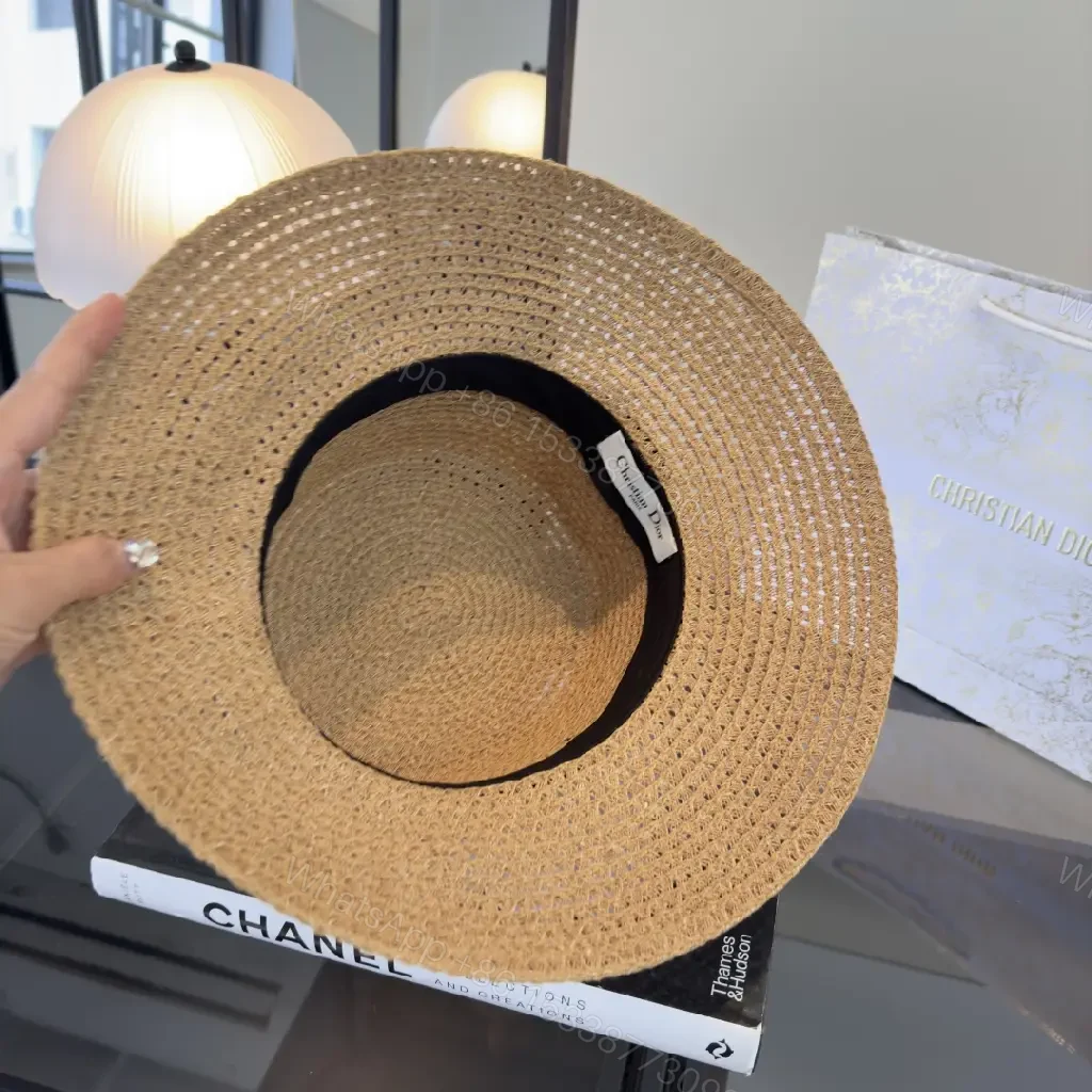 View 10 of Natural Straw Boater Hat with Ribbon Brand Stripe - Dior Inspired