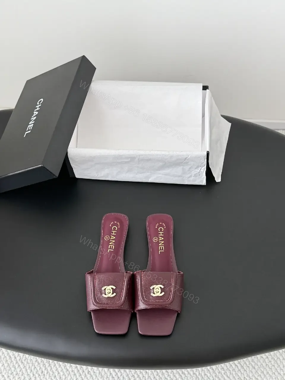 View 3 of Burgundy Leather Slides – Gold Logo Hardware, Premium Comfort
