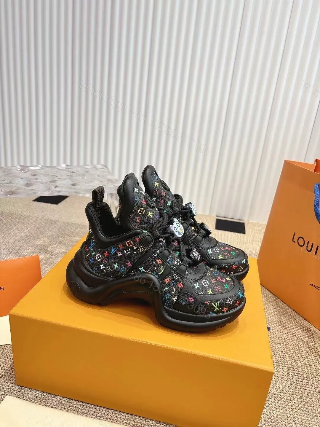 View 4 of LV Women Black Leather Multicolor Logo Sneakers
