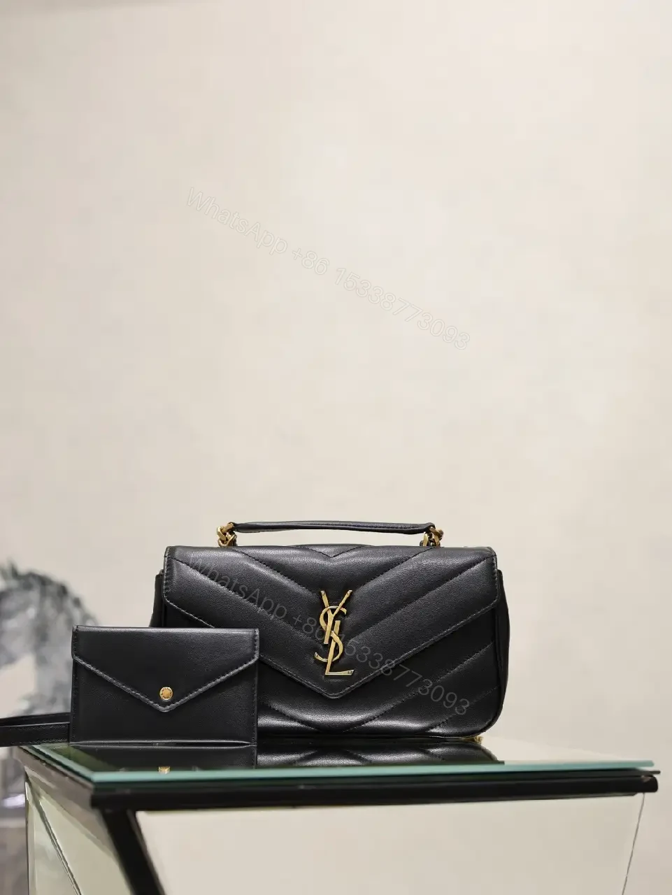 View 7 of Black Leather Structured Shoulder Bag Envelope Flap with YSL Logo Product Type