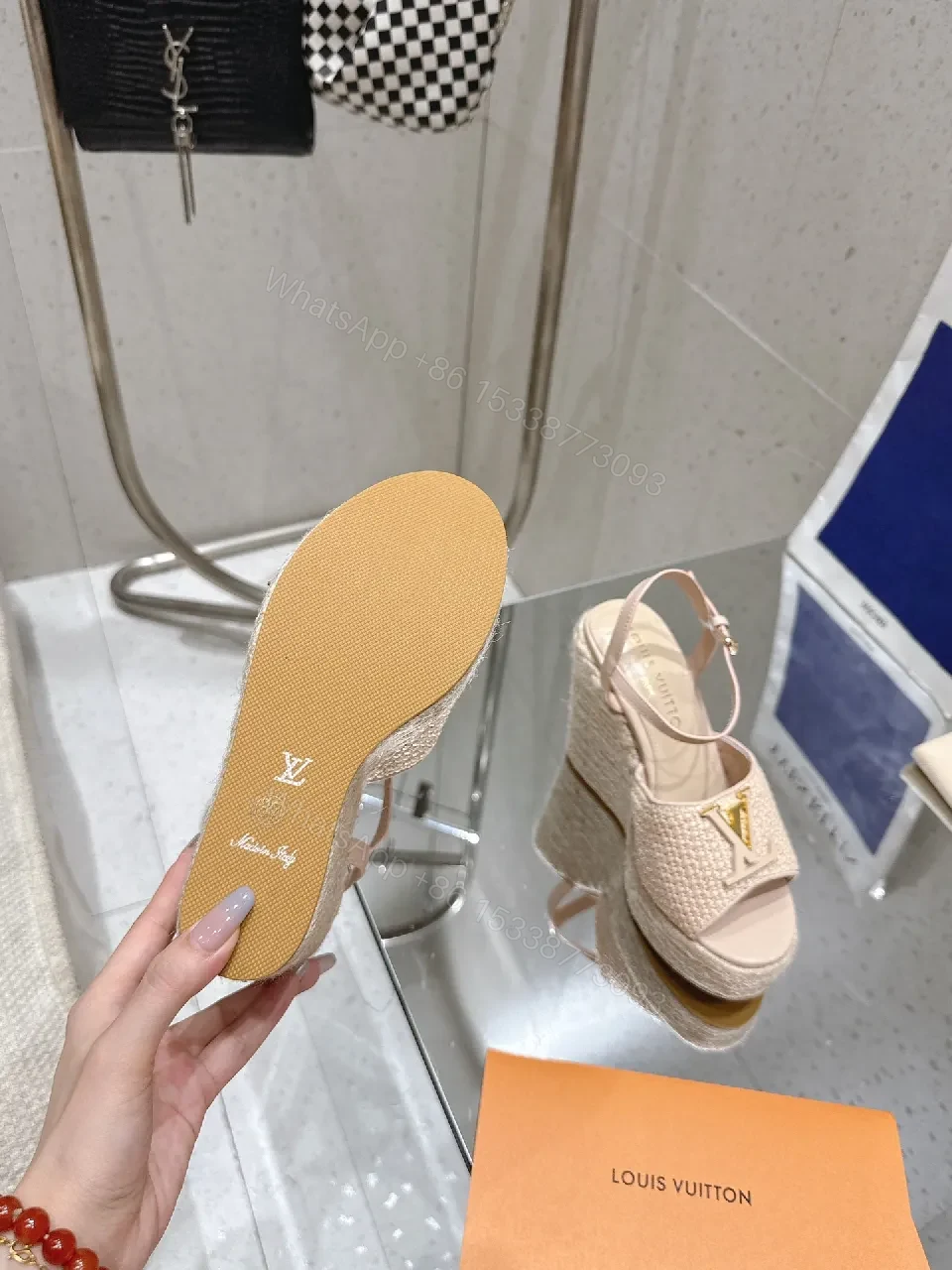 View 4 of Beige Wedge Espadrille Sandals with Gold Detail - Elevated Comfort