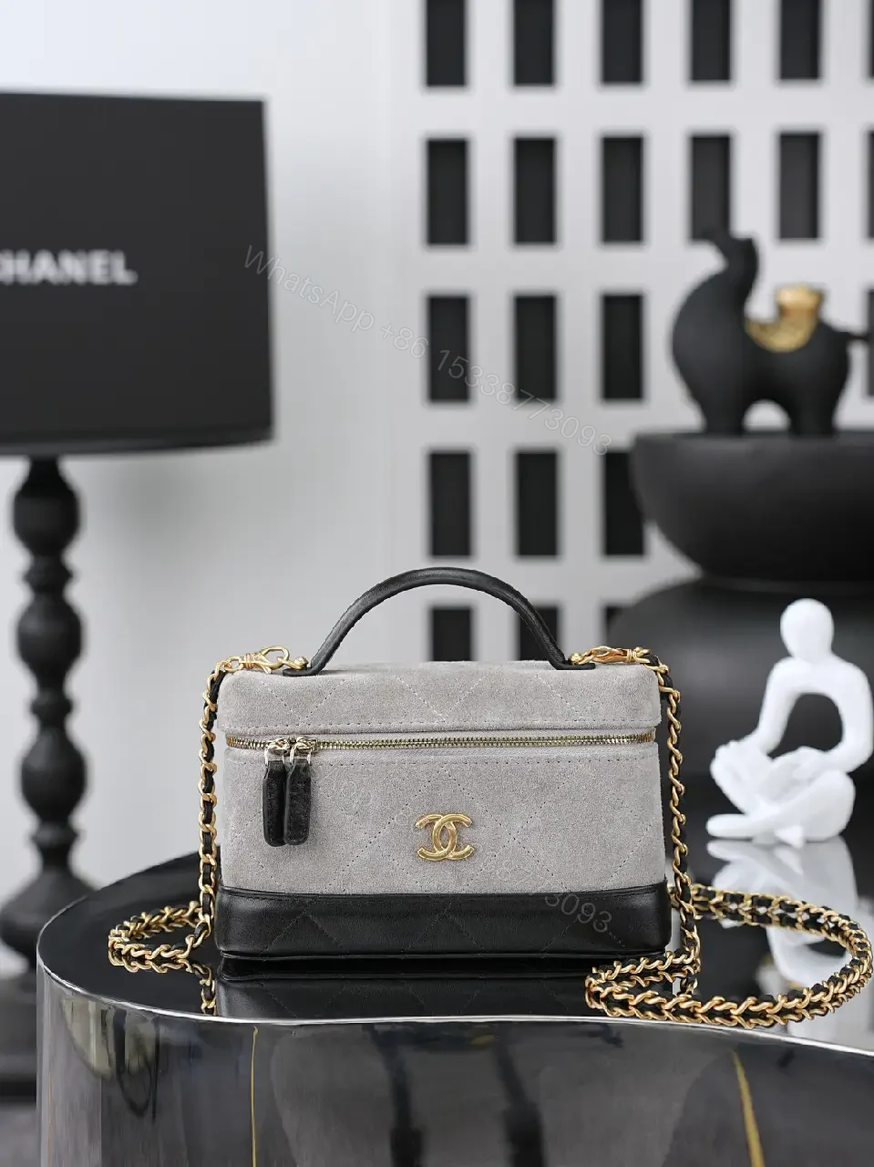 View 3 of Suede-like Gray Mini Handbag with Gold Accent