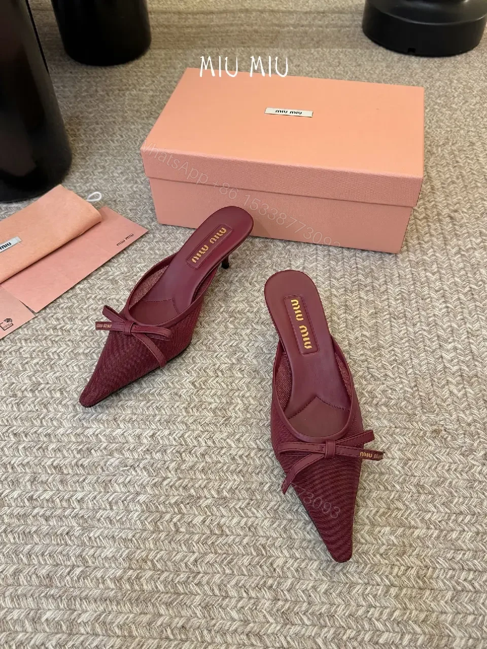 View 6 of Elegant Knit Mule with Bow Detail, Pointed Toe, Burgundy