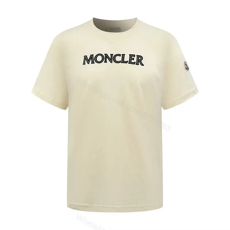 Cream-Colored Cotton Crewneck Tee with Logo Patch, Relaxed Fit — view 1