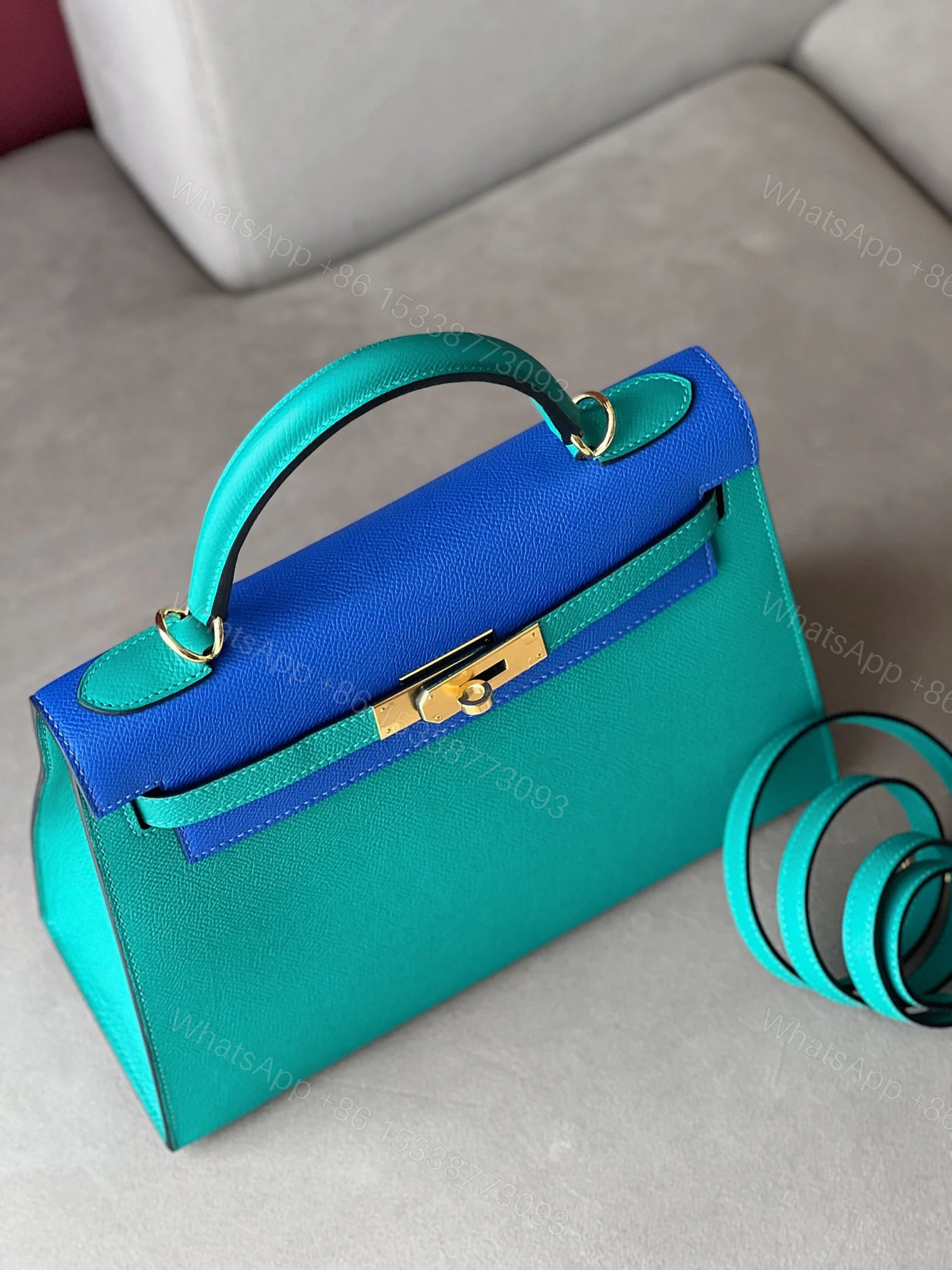 View 7 of Hermes Kelly 28 Epsom Light Blue/ Electric Blue Palladium Hardware
