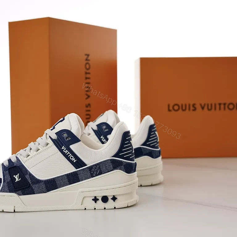 View 2 of Navy Leather Monogram Runner: Modern Checker Sneaker