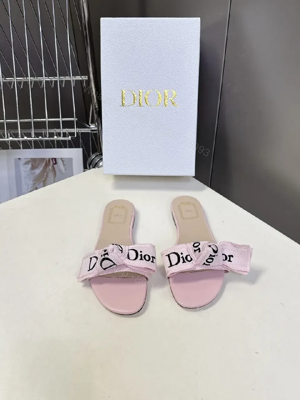 View 7 of Pink Satin Dior-Logo Bow Slip-Ons