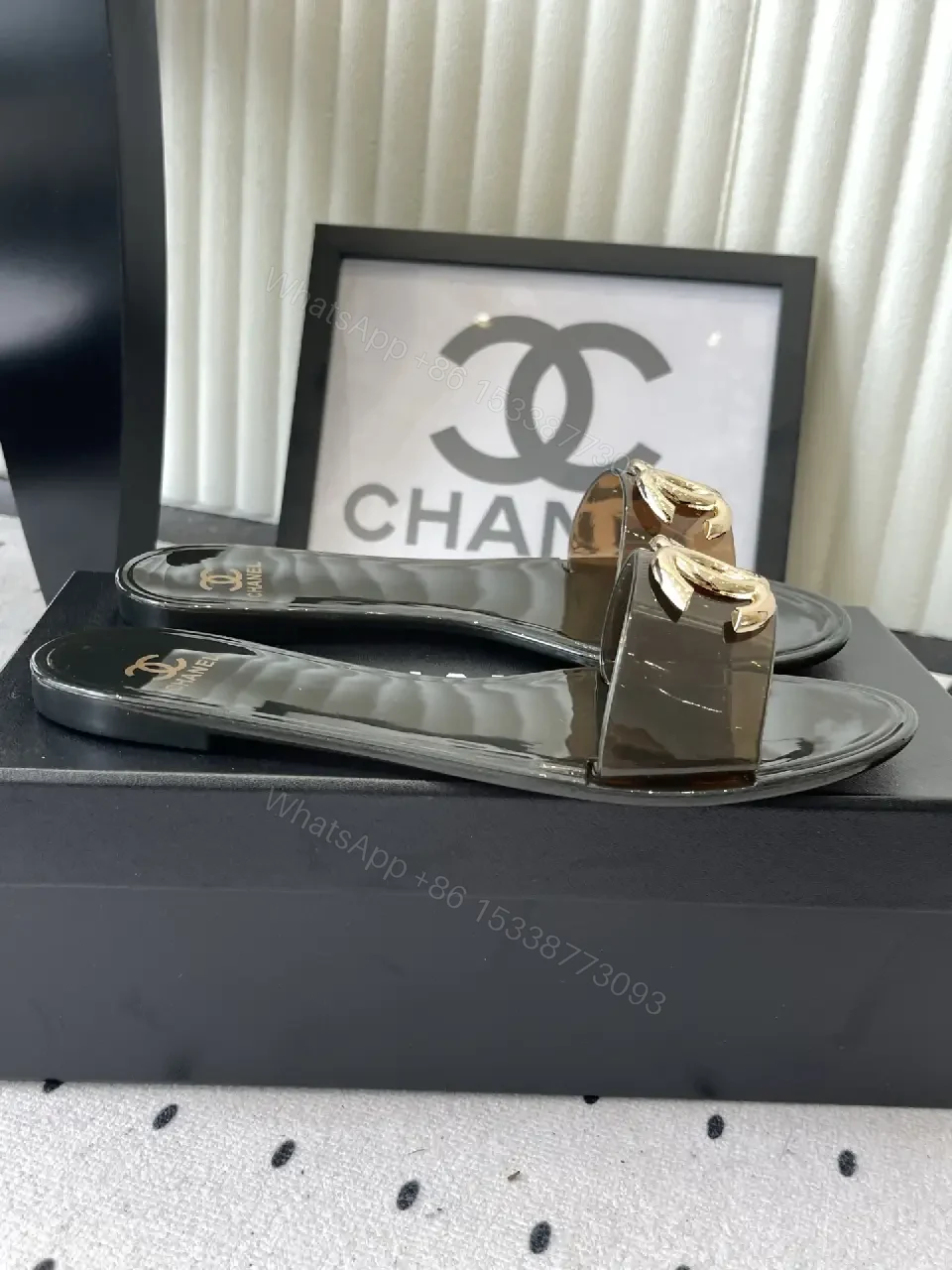 View 2 of Black Patent Leather Slides Gold Chanel Logo - Slide Sandals