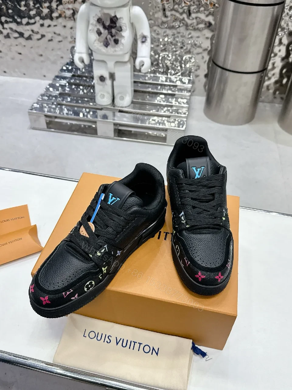 View 3 of Multicolor LV-Embellished Black Leather High-Tops Sneakers