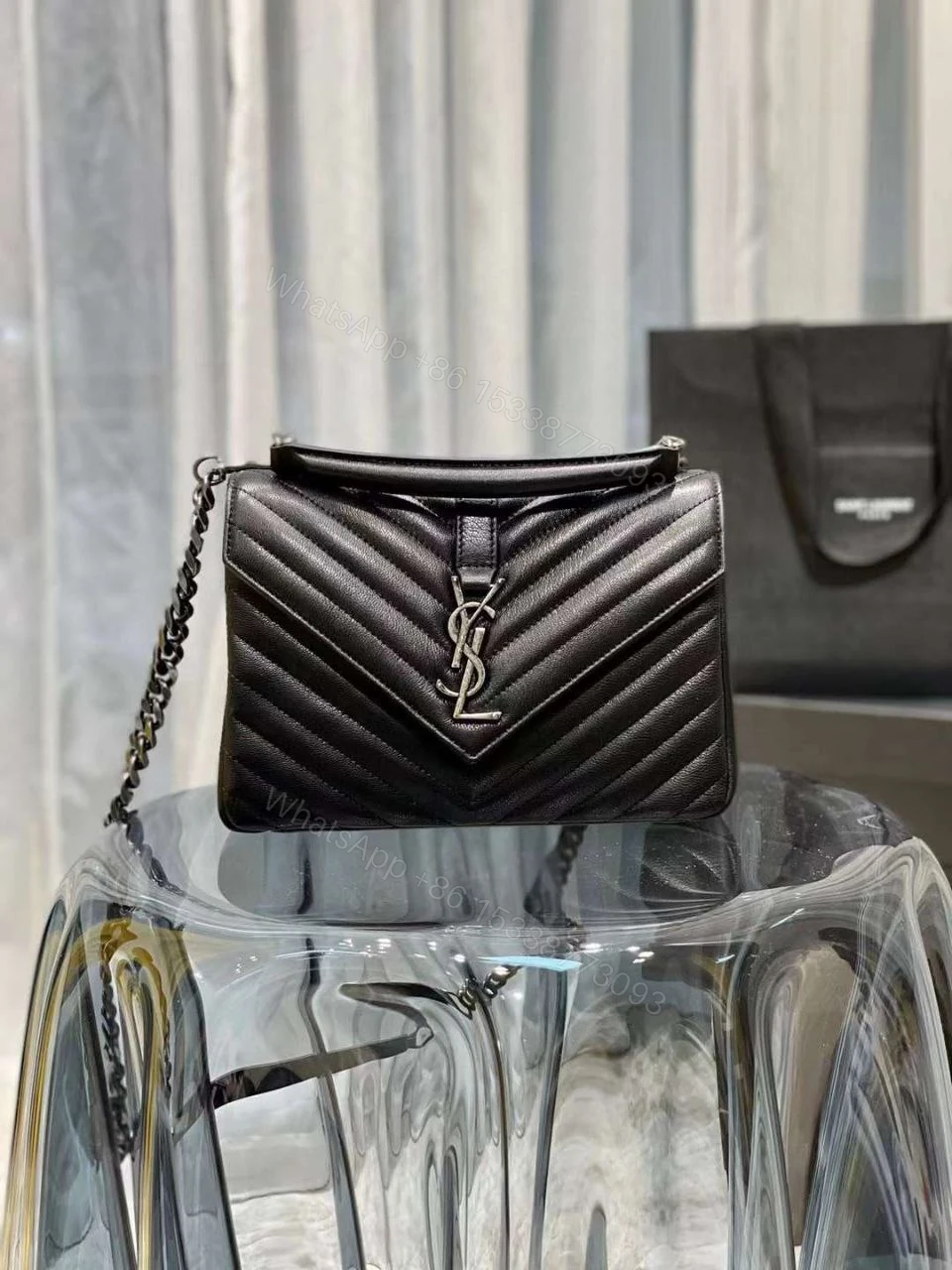 View 4 of Saint Laurent Sheepskin Matelasse Chevron Monogram Medium College Bag