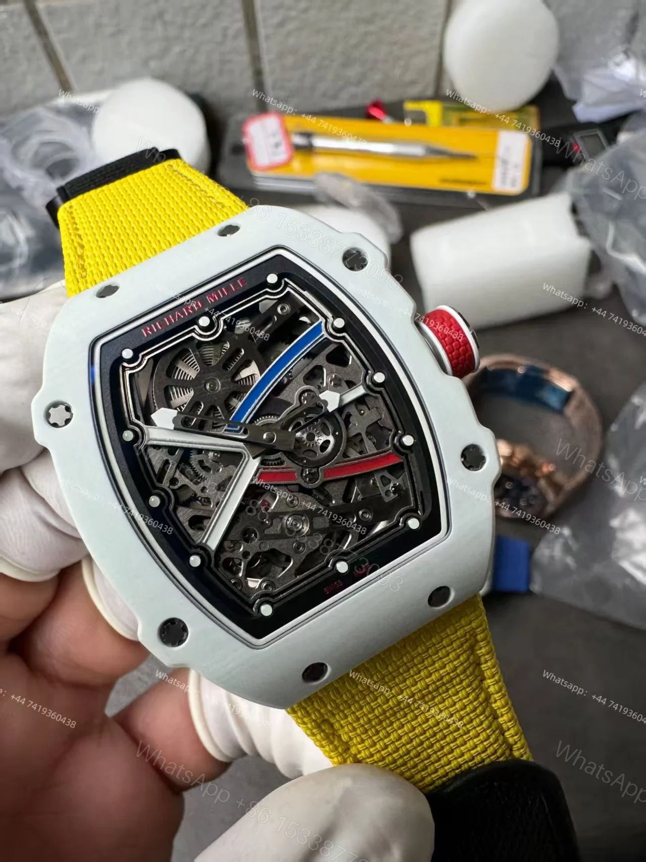 View 3 of Super Clone Richard Mille RM67-02 White Ceramic Skeleton Tourbillon 1:1 Replica Watch with Yellow Strap