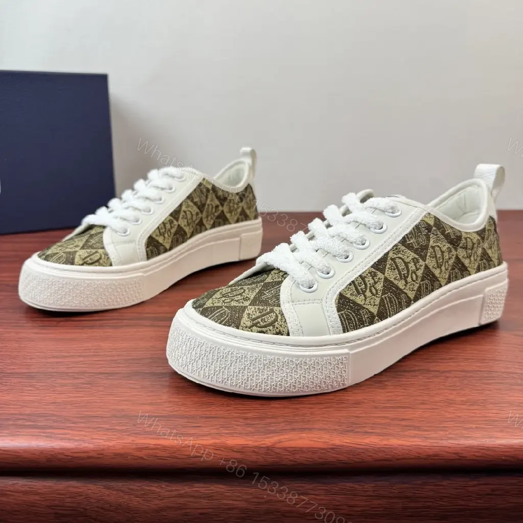 View 2 of Beige-White Dior-Style Canvas Platform Sneakers