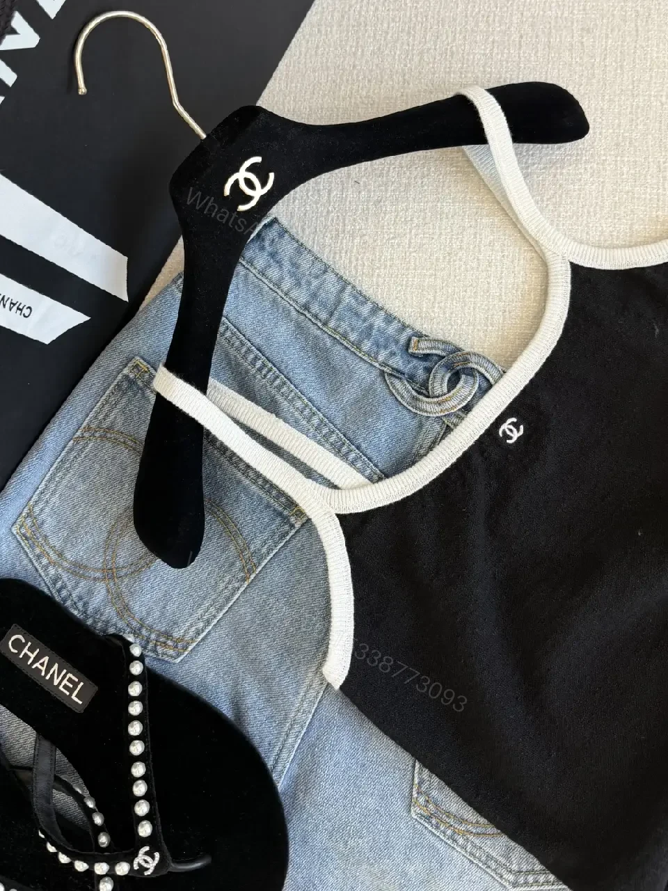 View 7 of Black Top with White Trim Sleeveless Camisole - Chanel Logo Detail