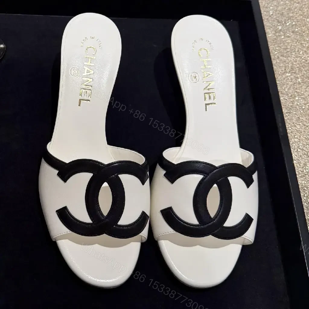 View 4 of Beige Leather Slides Black Logo Chanel Style Sandals
