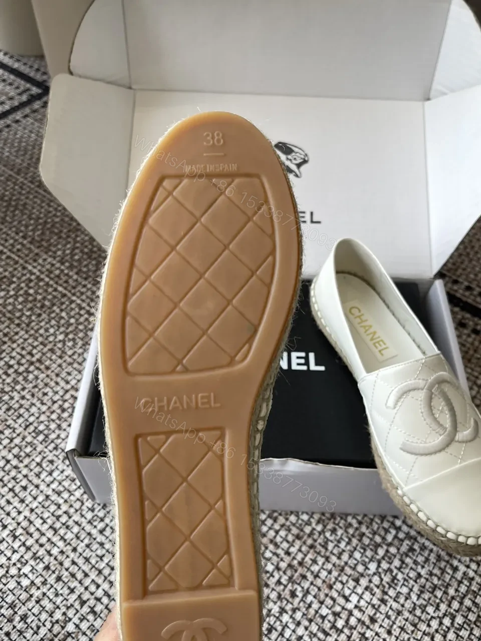 View 2 of Textured White Espadrille Loafers: Quilted Leather & Jute Sole