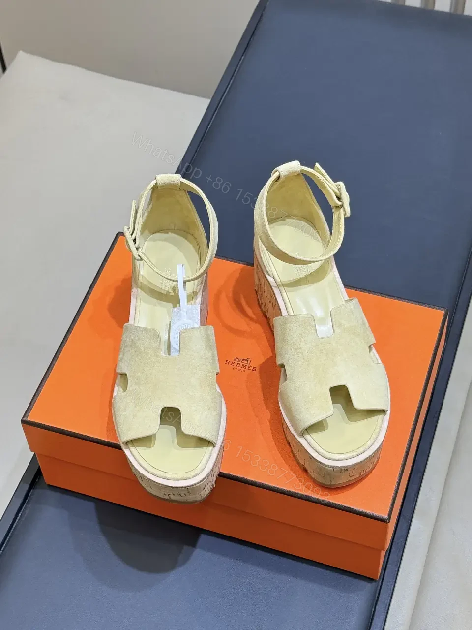 View 3 of Neutral Suede Open-Toe Sandals with Cork-Wedge Platform, Chic, All-Day Comfort