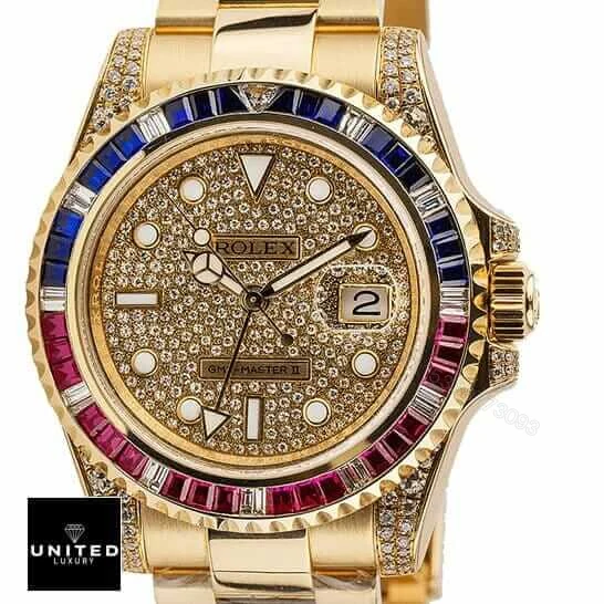 View 2 of Rolex GMT Master II 116758 SARU Yellow Gold Diamonds Dial Iced Out Replica