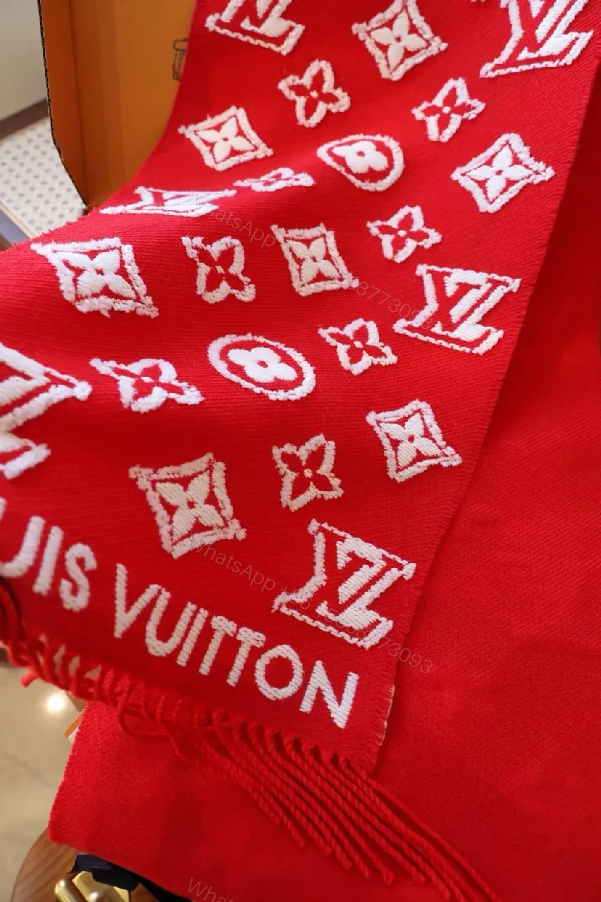 View 9 of Bold Red Monogram Silk-Blend Scarf with Luxe Fringe Accent