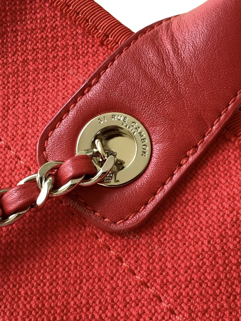 View 3 of Bold Red Canvas Tote with Logo & Chain Detailing