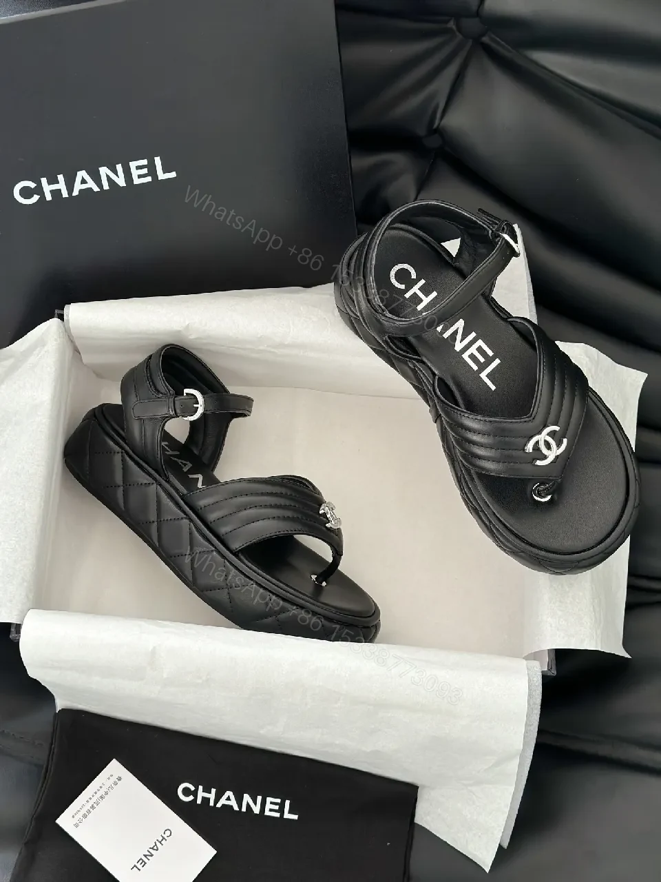 View 7 of Black Leather Quilted Sandals with Interlocking Detail, Platform Style