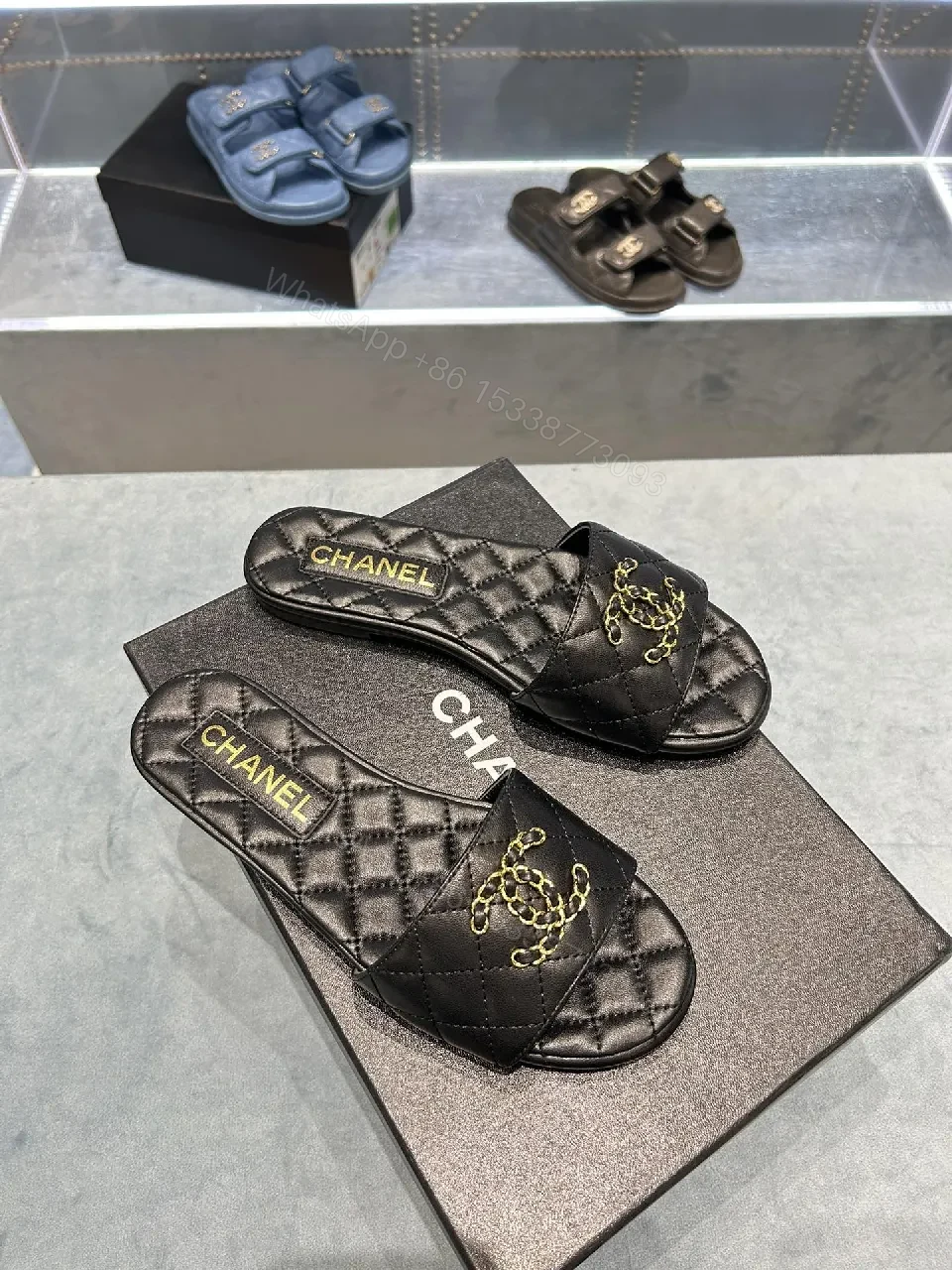 View 5 of Quilted Black Slides with Gold Emblem – Lux Slip-ons