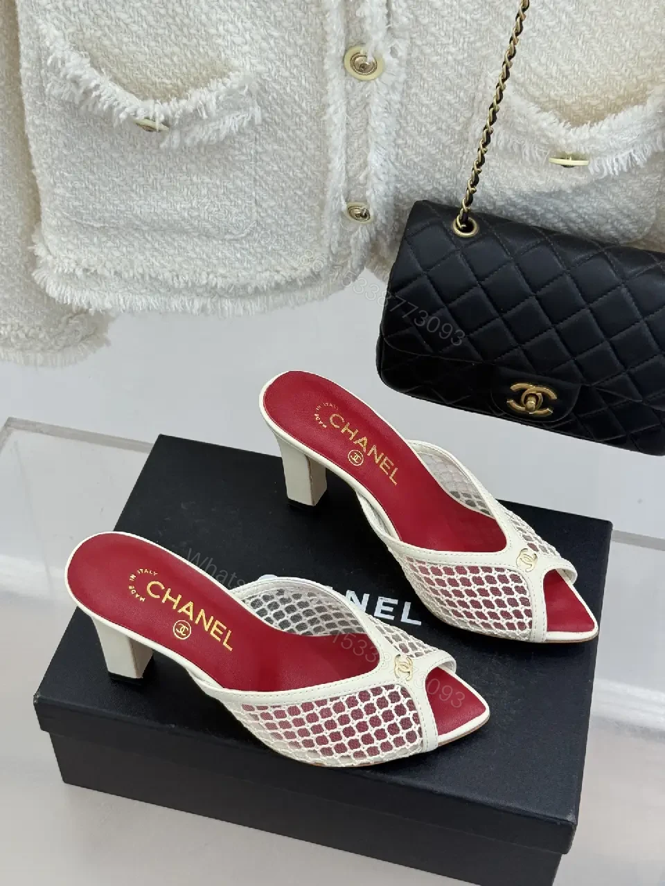 View 5 of White Mesh Heels Red Insole Classic Netted Upper Mule Sandals