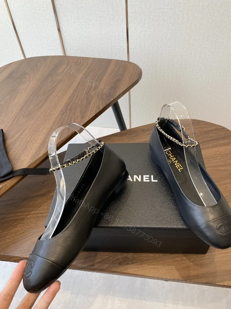 View 8 of Black Leather Slingback Heels with Gold Chain Accent