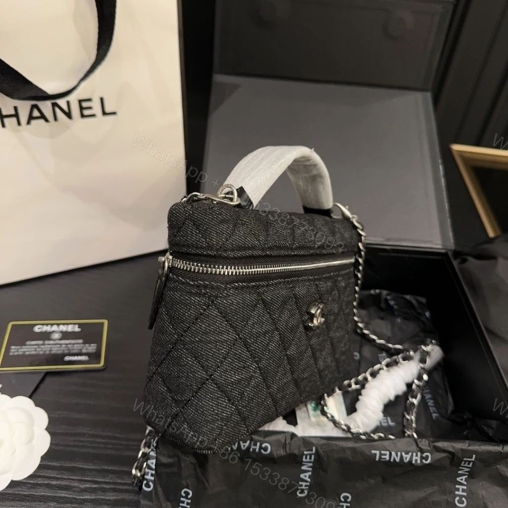 View 4 of Chanel Classic Vanity With Chain Silver Tone Denim Black 19cm