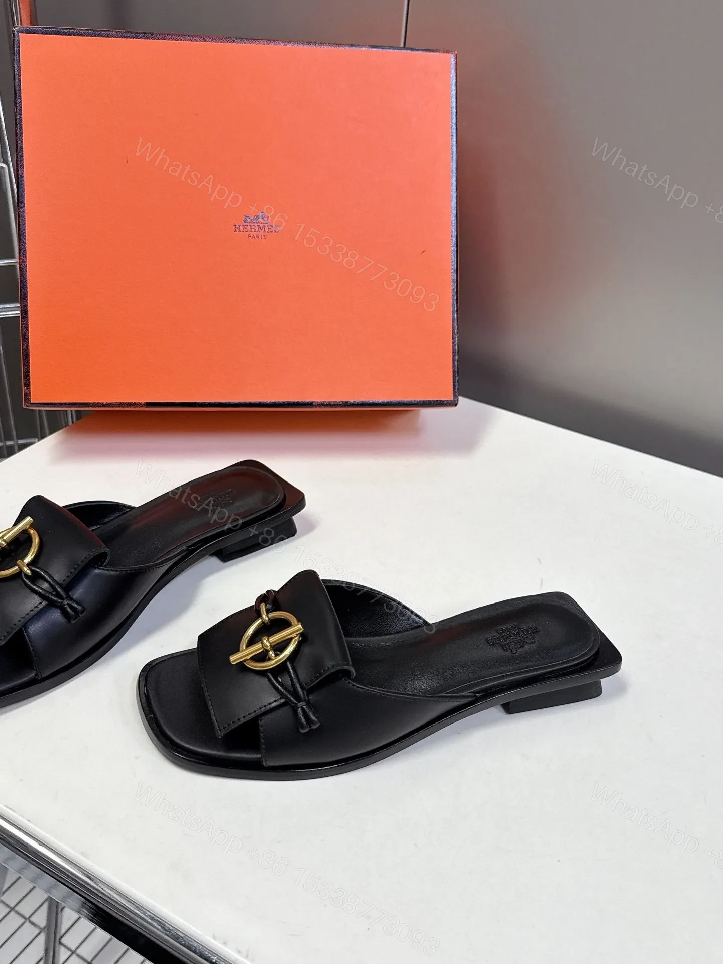 View 3 of Hermes Women Black Leather Slippers