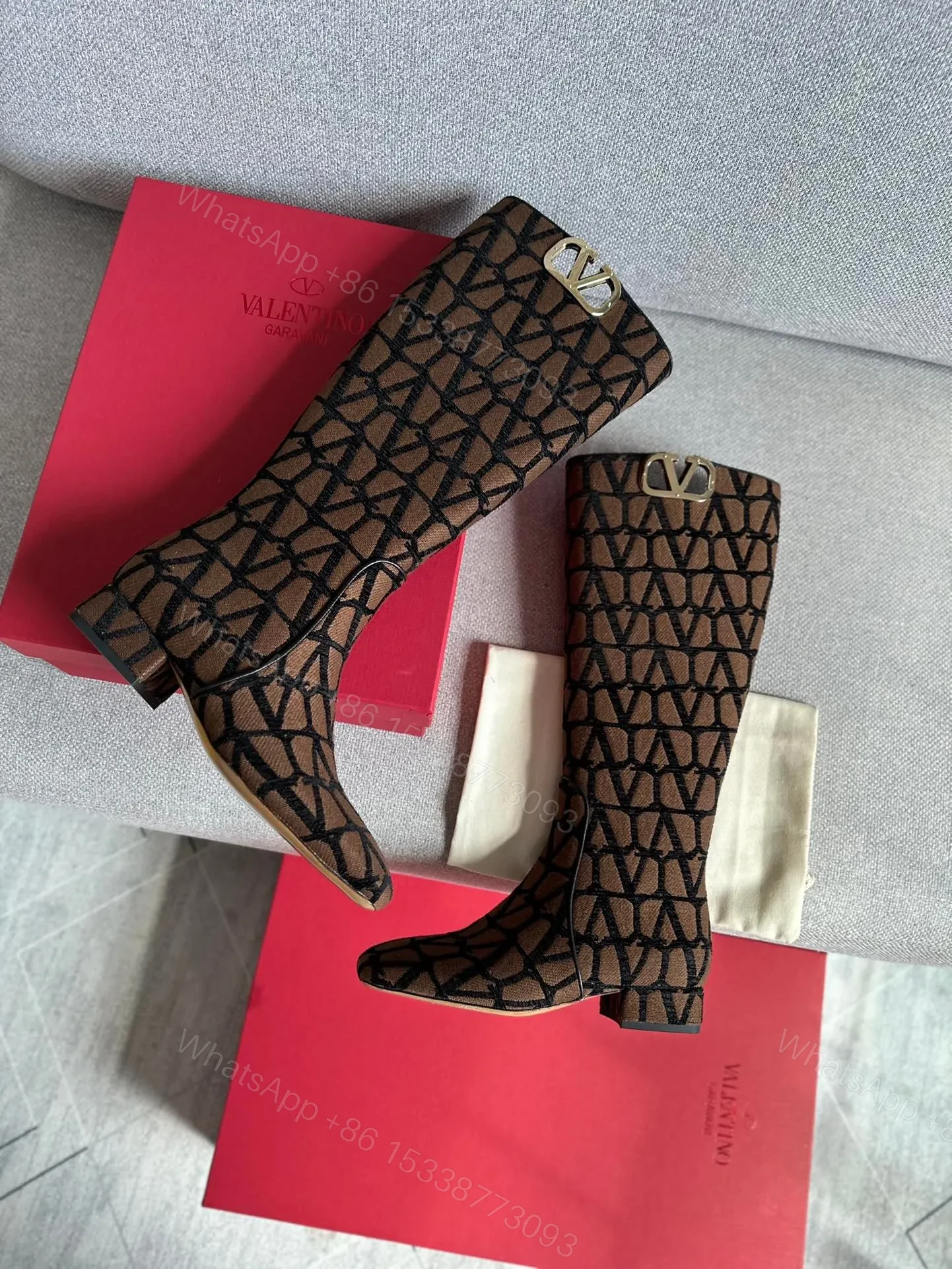 Valentino Women Brown Patterned Fabric Boots — view 1
