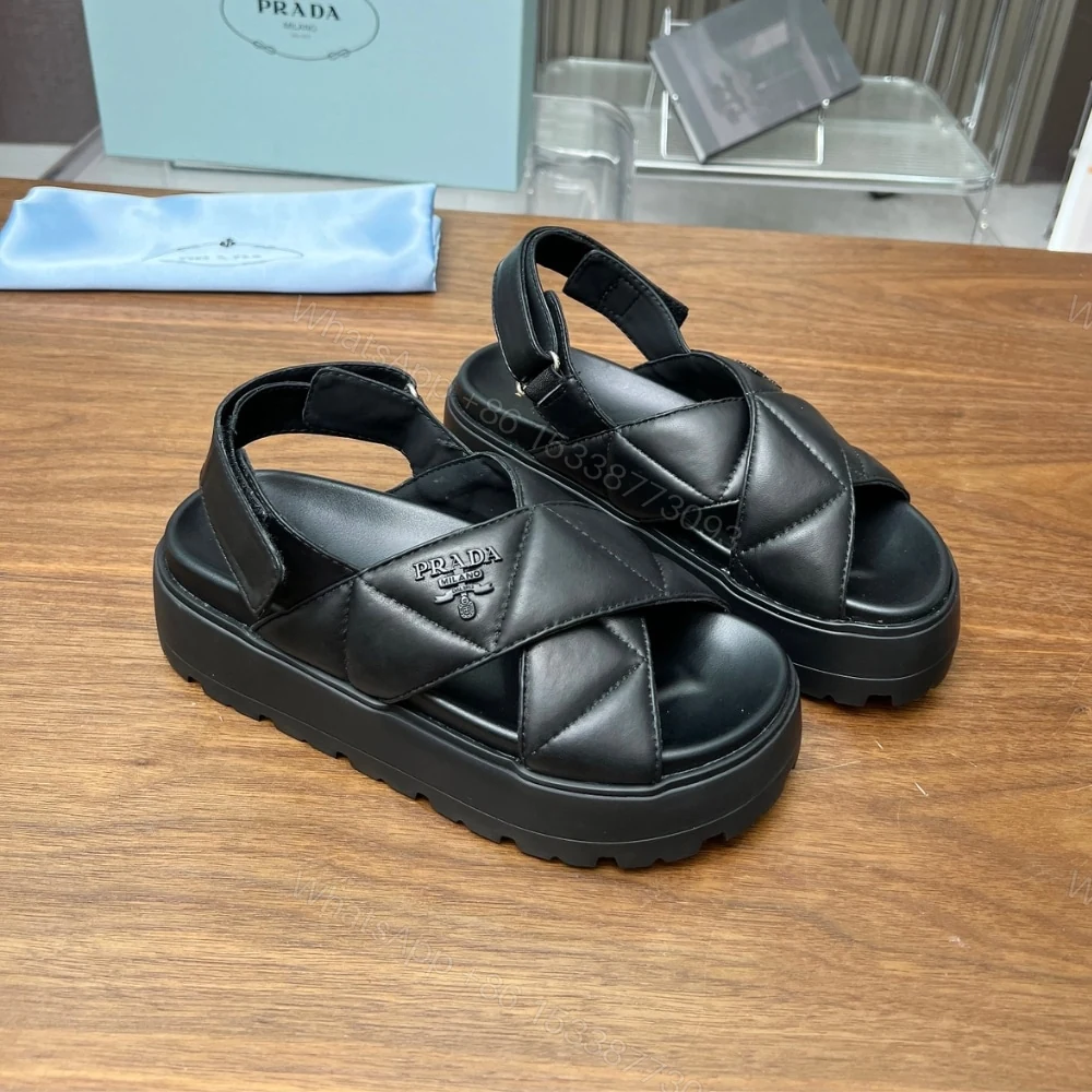 View 2 of PRADA NAPPA LEATHER CRISSCROSS FLATFORM SANDALS BLACK 1XZ777 038 F0002 F 045