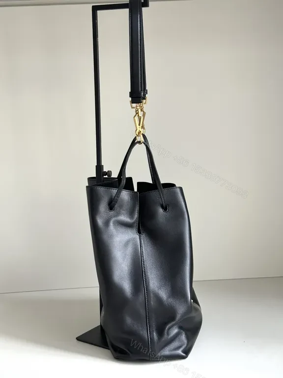 View 7 of Chic Leather Drawstring Bucket Bag with Gold Accent