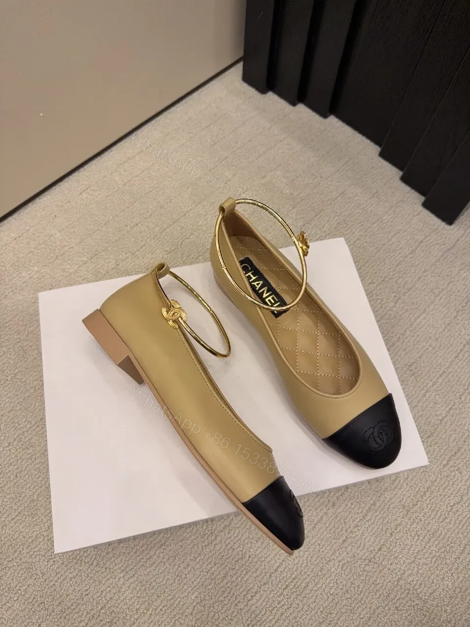 View 9 of Two-Tone Ballet Flats with Gold Ankle Strap - Luxe Comfort Flat