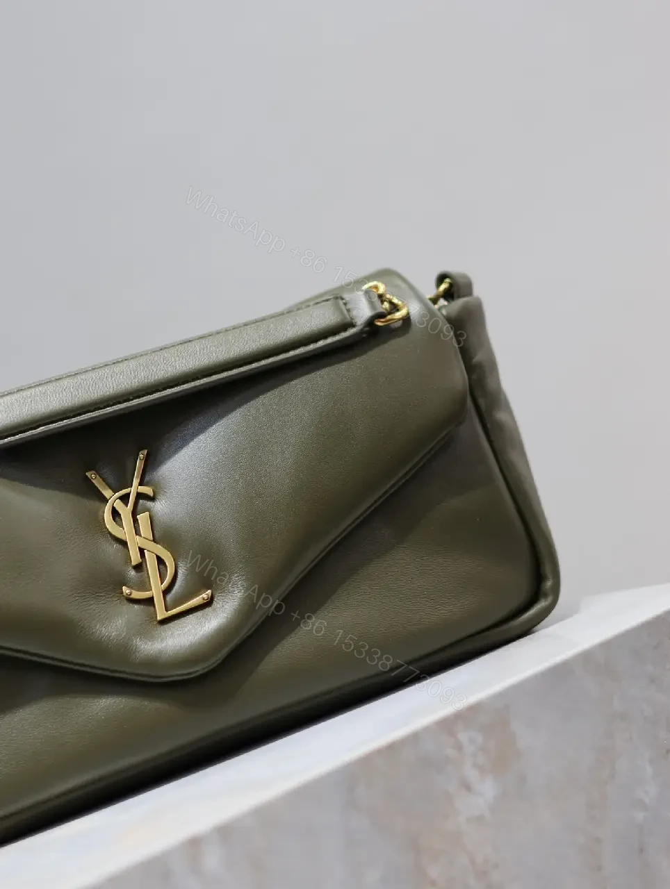 View 7 of Olive Leather Mini Bag: Structured, Gold YSL Logo, Compact Elegance
